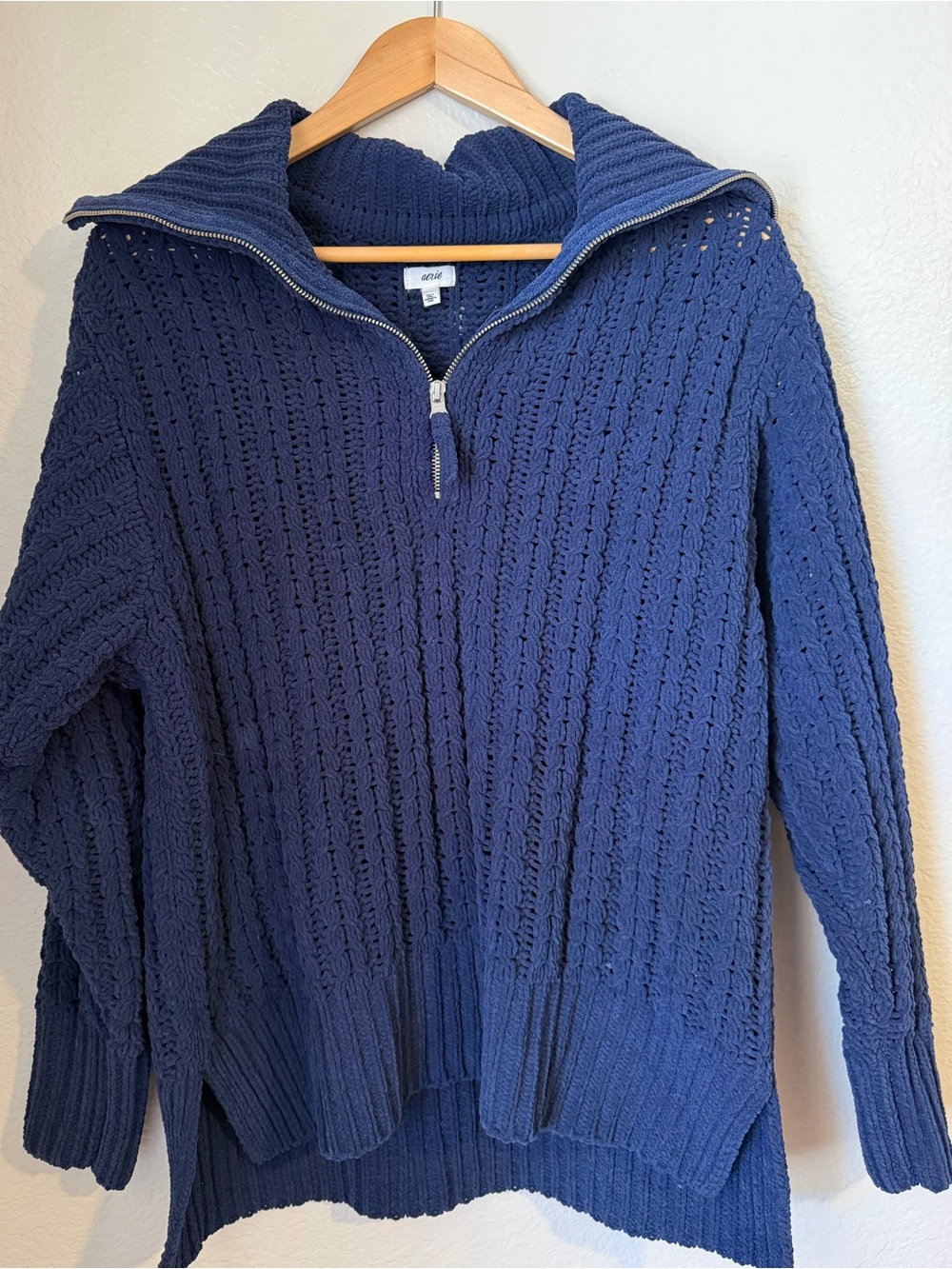 Aerie Cable Knit Quarter Zip Sweater Oversized Navy Blue High Low Hem Size Small